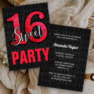 Black Damask Red Glitzer Sweet 16 Geburtstagsparty Einladung