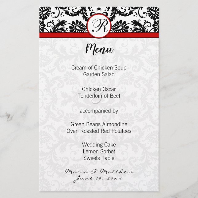 Black Damask Red Trim Wedding Menu (Vorderseite)