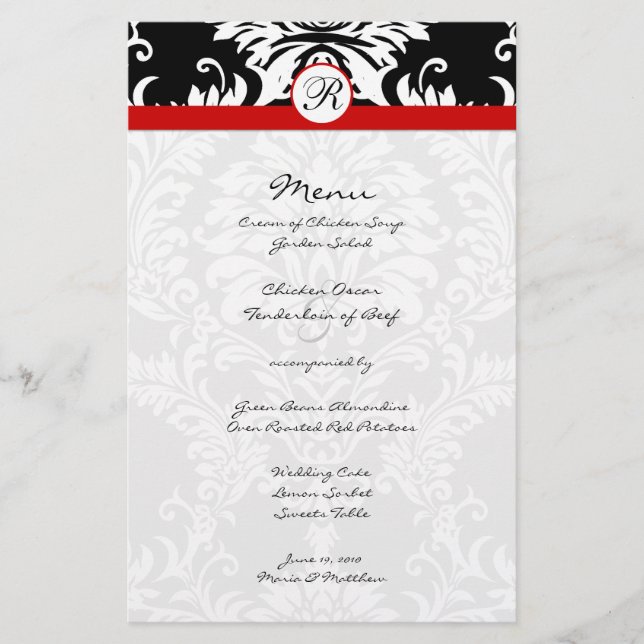 Black Damask Red Trim Wedding Menu (Vorderseite)