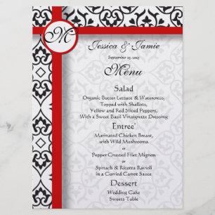 Black Damask Side Borders Red Trim Wedding Menu Menükarte