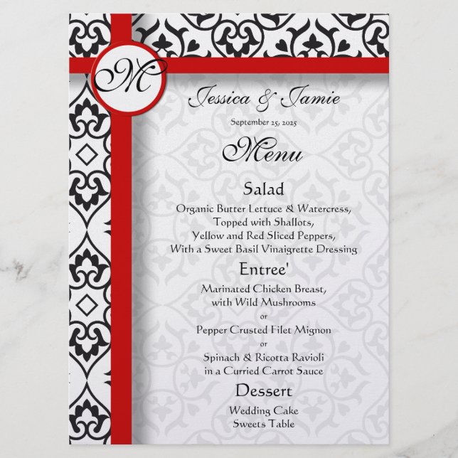 Black Damask Side Borders Red Trim Wedding Menu Menükarte (Vorderseite)