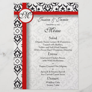 Black Damask Side Borders Red Trim Wedding Menu Menükarte