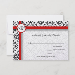 Black Damask Side Borders Red Trim Wedding RSVP Karte