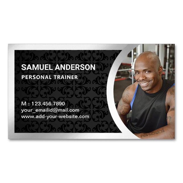 Black Damask Silver Fitness Personal Trainer Foto Magnetische Visitenkarte (Vorderseite)