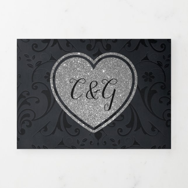 Black Damask Silver Heart All in One Wedding Dreifach Gefaltete Einladung (Cover)