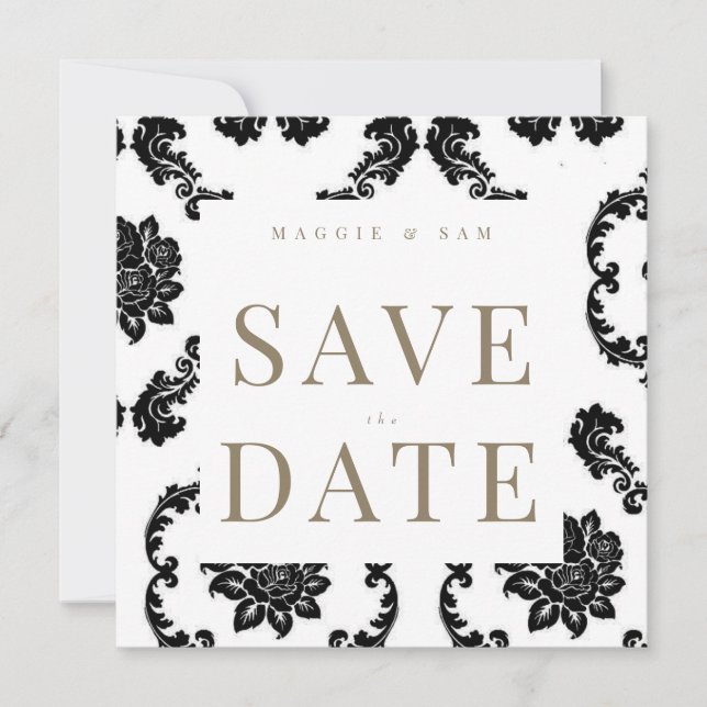 Black Damask Square Wedding Save the Date (Vorderseite)