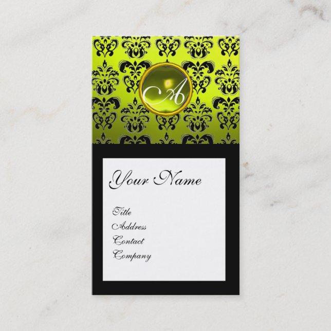 BLACK DAMASK SQUARE YELLOW GEMSTONE MONOGRAMM VISITENKARTE (Vorderseite)