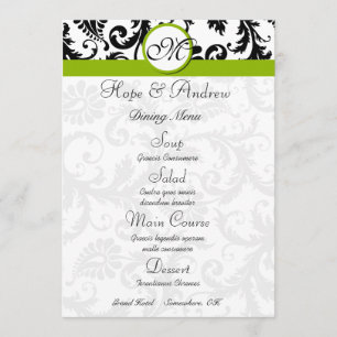 Black Damask Swirl Apple Green Wedding Menu Menükarte