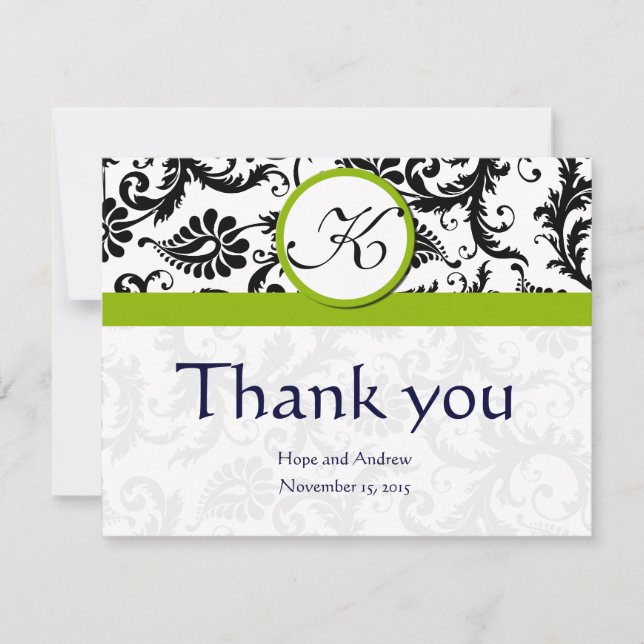 Black Damask Swirl Green Wedding Danke Karten (Vorderseite)