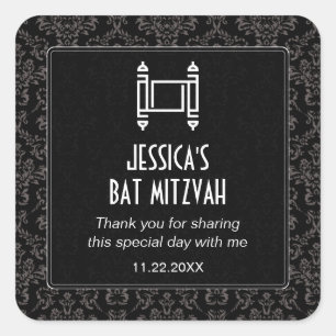 Black Damask Torah Bat Mitzvah Quadratischer Aufkleber