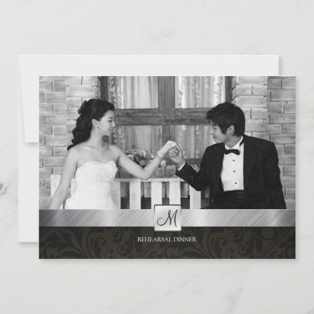 Black Damask und Silver Modern Probe Dinner Einladung (Vorderseite)