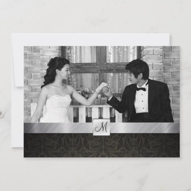 Black Damask und Silver Modern Wedding Invites Einladung (Vorderseite)