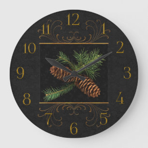 Black Damask Watercolor Pine Cones Große Wanduhr