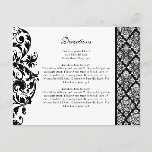 Black Damask Wedding Direction Card Begleitkarte (Vorderseite)