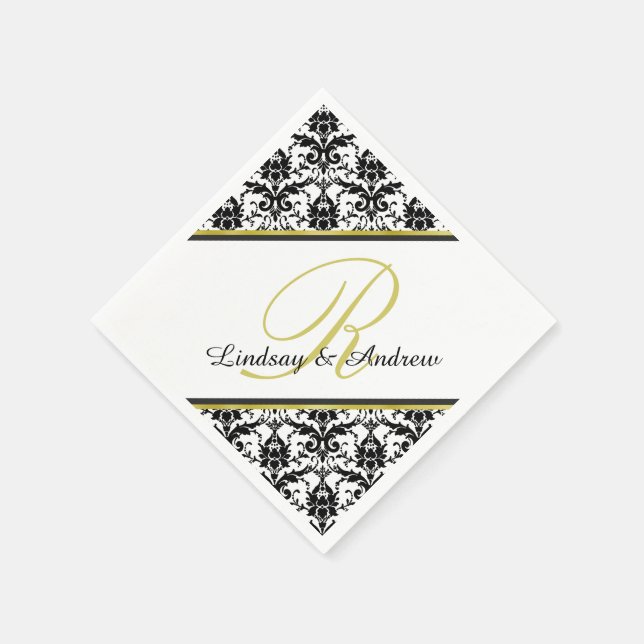 Black Damask White Gold Monogram Wedding Serviette (Ecke)