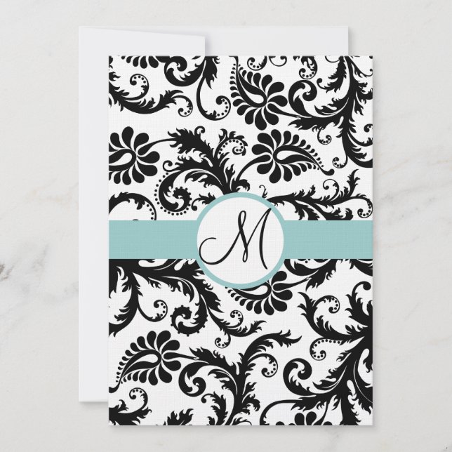 Black Damask Wirbel Aqua Trim Hochzeitseinladung Einladung (Vorderseite)