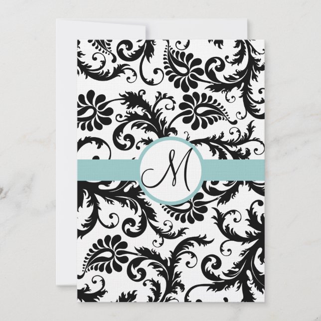 Black Damask Wirbel Aqua Trim Hochzeitseinladung Einladung (Vorderseite)