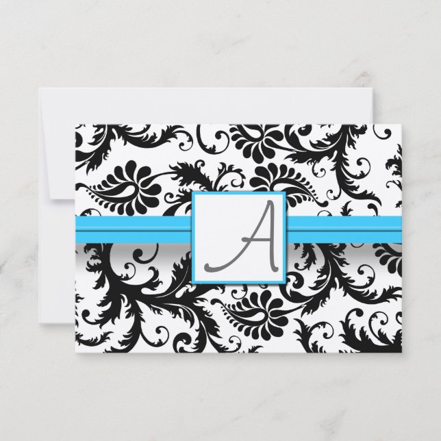 Black Damask Wirbel Bright Aqua Raise Trim RSVP Karte (Vorderseite)