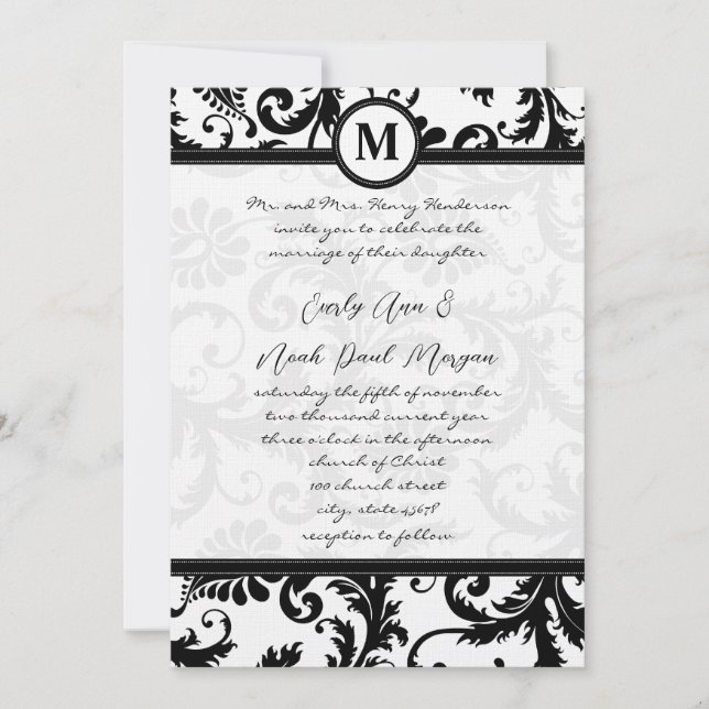 Black Damask Wirbel mit Dots Wedding Einladung (Vorderseite)