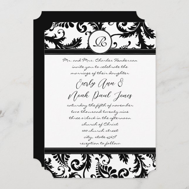 Black Damask Wirbel mit Dots Wedding Einladung (Vorne/Hinten)