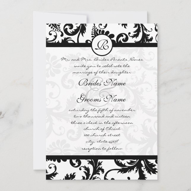 Black Damask Wirbel mit Dots Wedding Einladung (Vorderseite)
