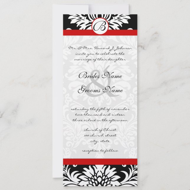 Black Damask Wirbel Red Trim Wedding Einladung (Vorderseite)