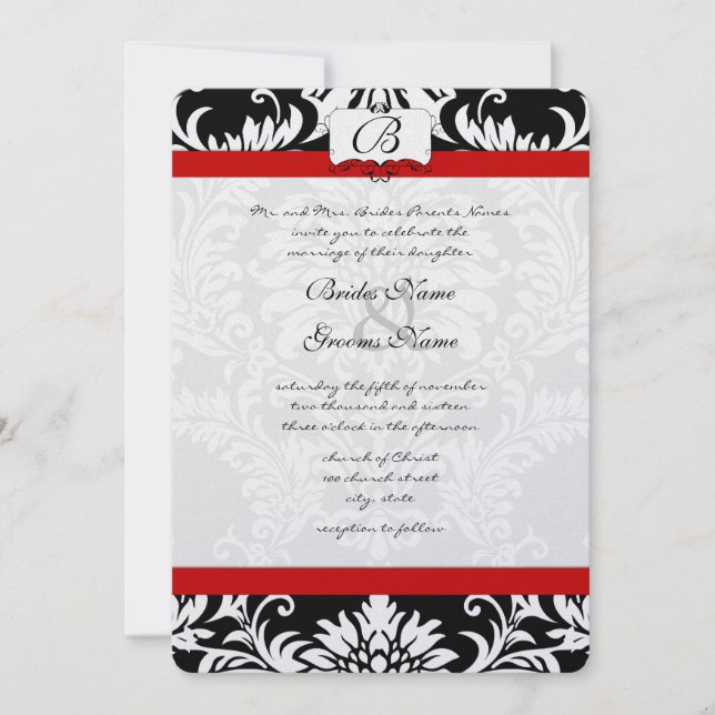 Black Damask Wirbel Red Trim Wedding Einladung (Vorderseite)