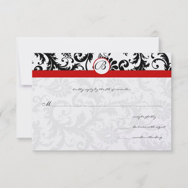 Black Damask Wirbel Red Trim Wedding RSVP (Vorderseite)