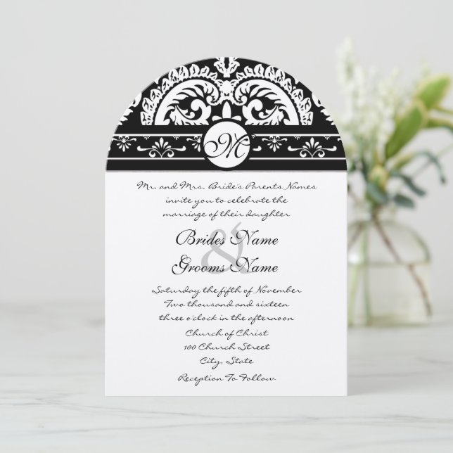 Black Damask Wirbel Square Einladung zur Hochzeit (Stehend Vorderseite)