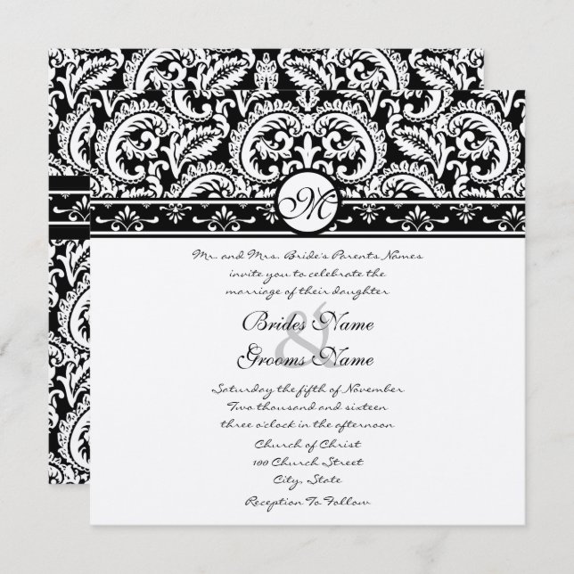 Black Damask Wirbel Square Einladung zur Hochzeit (Vorne/Hinten)