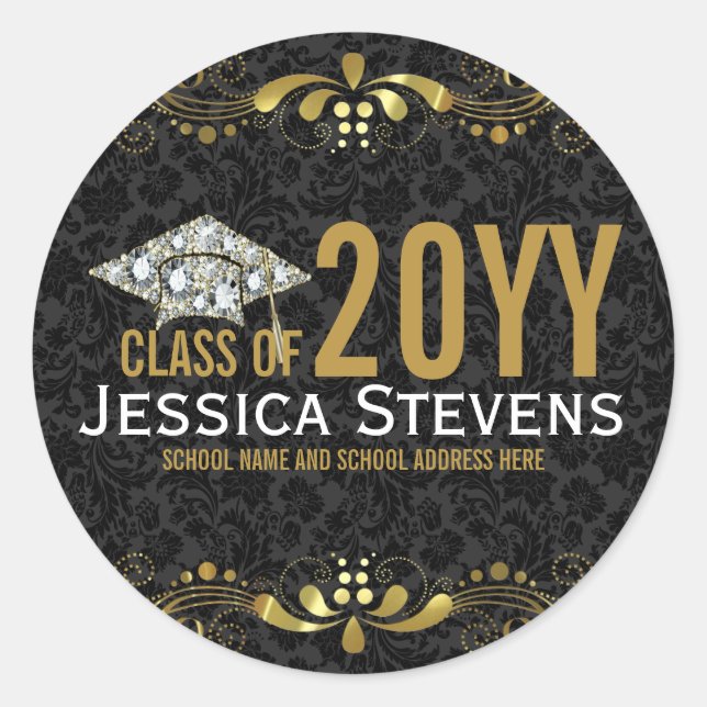 Black Damasks Imitate Gold Lace & Diamonds Grad Ha Runder Aufkleber (Vorderseite)