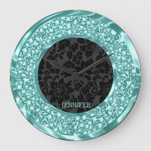 Black Damaskus Sparkling Green Diamonds Glitzer Große Wanduhr