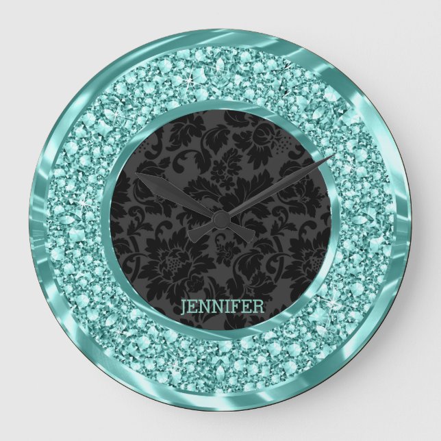 Black Damaskus Sparkling Green Diamonds Glitzer Große Wanduhr (Vorderseite)