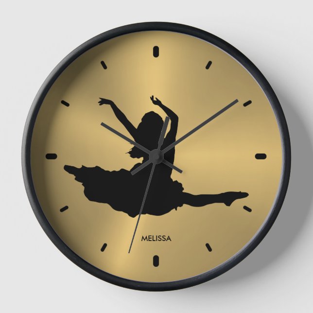 Black Dancer Silhouette Metallic Gold Hintergrund Uhr (Vorderseite)