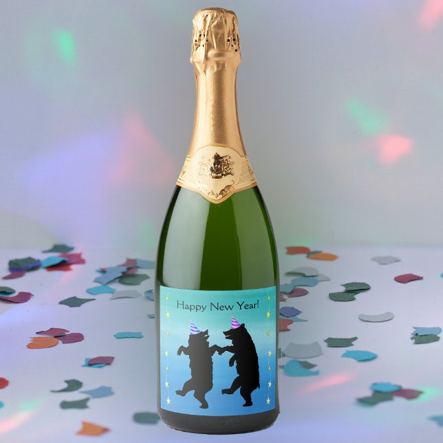 Black Dancing Party Bears Hats Bright Stars Blues (Dancing black bears party hats bright yellow stars shades of blue Happy New Year wine bottle label.)