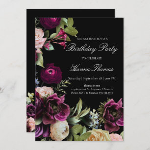 Black Dark Moody Elegant Floral Geburtstagsparty Einladung