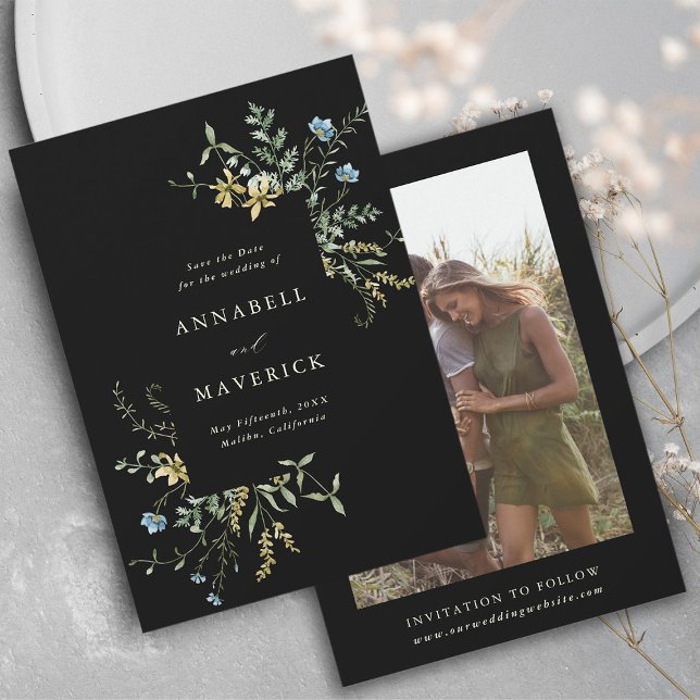 Black Delicate Wildblume Boho Wedding Foto Save The Date (Front & Back)