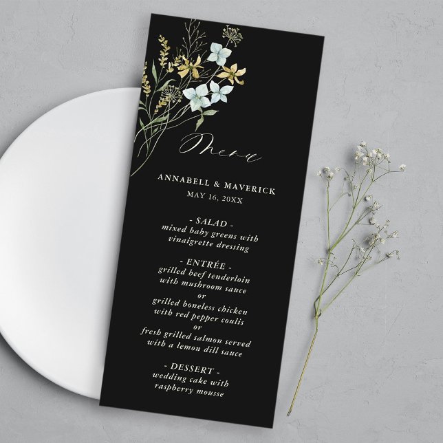Black Delicate Wildblume Modern Boho Wedding Menükarte (Von Creator hochgeladen)