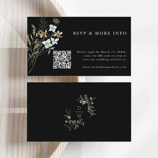 Black Delicate Wildblume Modern Boho Wedding RSVP Begleitkarte (Front & Back)