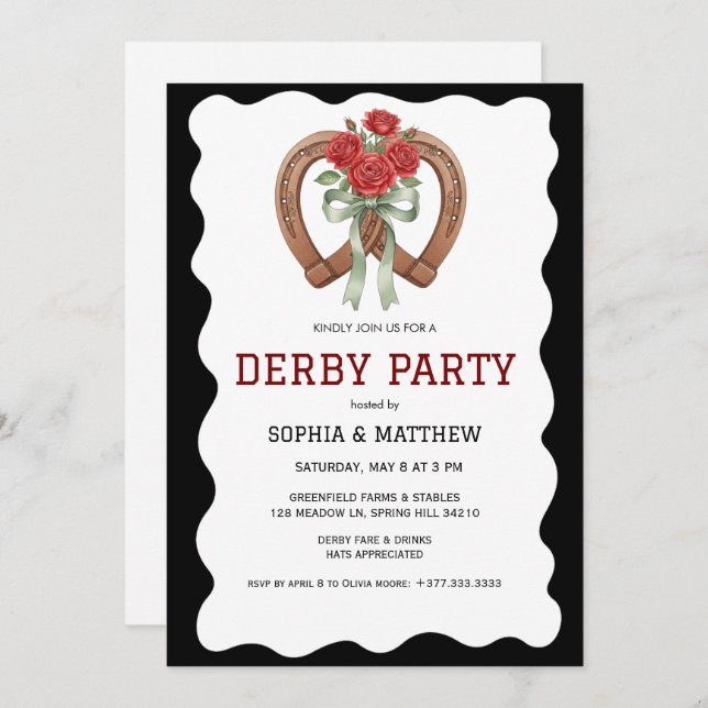 Black Derby Party Invitation Elegant Horseshoe Einladung (Vorne/Hinten)