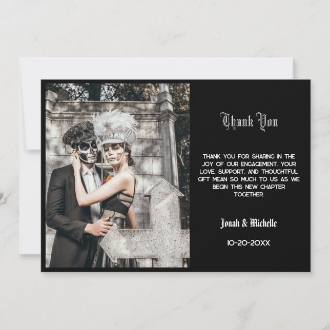 Black Dia De Los Muertos Engagement Party Dankeskarte (Vorderseite)