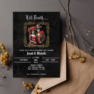 Black Día De Los Muertos Skulls Engagement Party Einladung