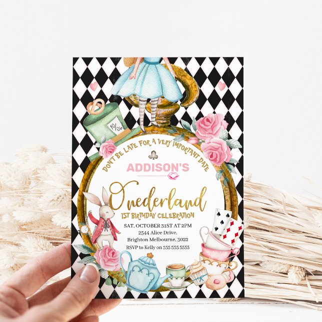 Black Diamond Watch Alice in einem einheimischen G Einladung (Alice in Onederland 1st Birthday Invitation, Black Diamond Pattern, Large Watch, Alice One-derland)