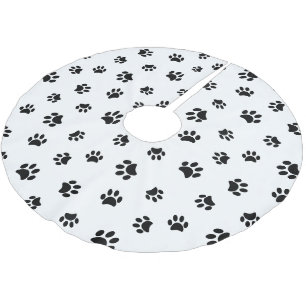 Black Dog Cat Paw Prints Muster Weiße Weihnachten Polyester Weihnachtsbaumdecke