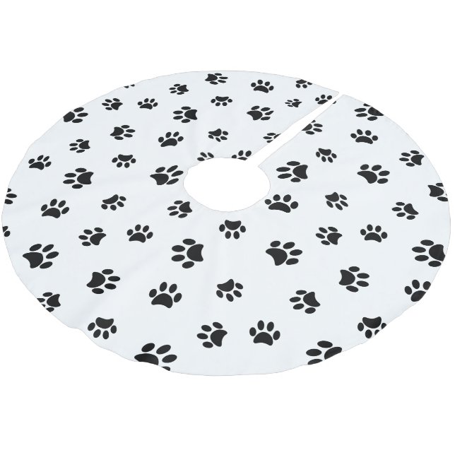 Black Dog Cat Paw Prints Muster Weiße Weihnachten Polyester Weihnachtsbaumdecke (Schrägansicht)