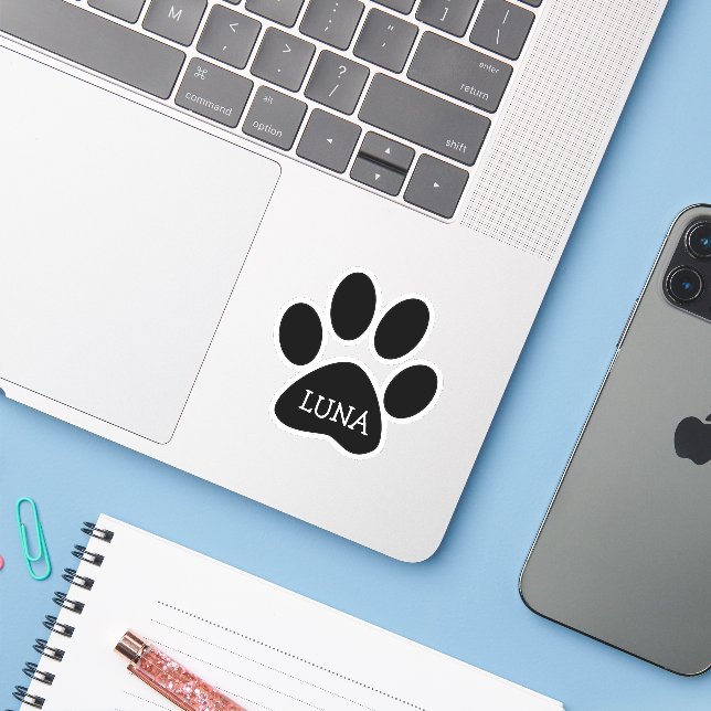 Black Dog Paw Print With Name Aufkleber (Laptop mit iPhone)