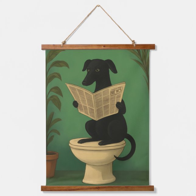 Black Dog Reading Newspaper Wall Art Wandteppich Mit Holzrahmen (Vorderseite)