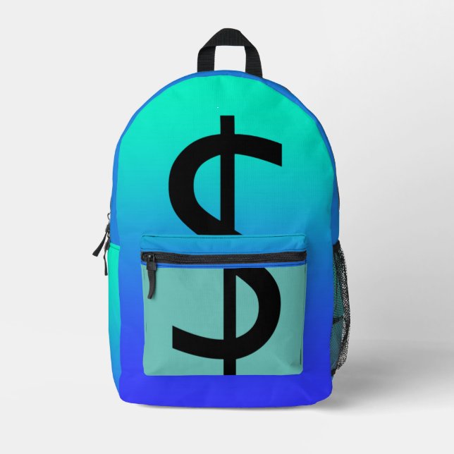 Black Dollar Sign Aqua Bedruckter Rucksack (Vorderseite)