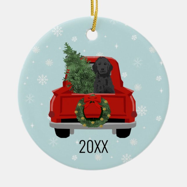 Black Doodle Hund Red Christmas Truck Ornament (Vorne)
