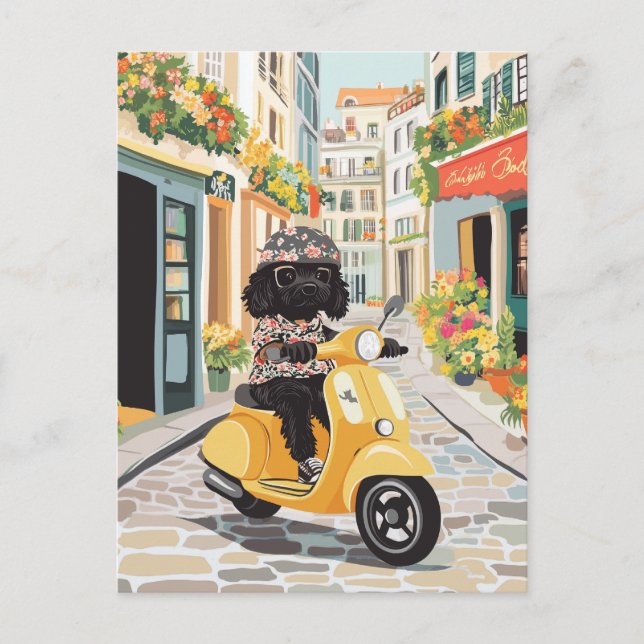 Black Doodle Riding Scooter Europäische Stadtstras Postkarte (Vorderseite)